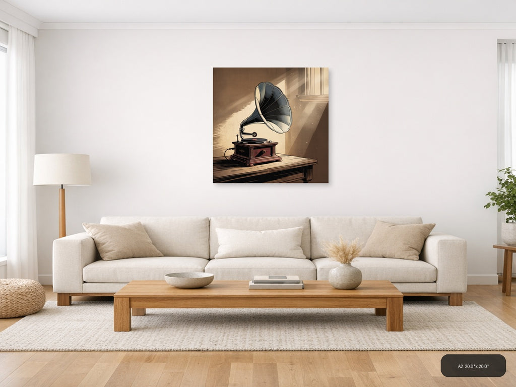 Vintage Gramophone with Sunlit Window Wall Art — A2 / Living Room