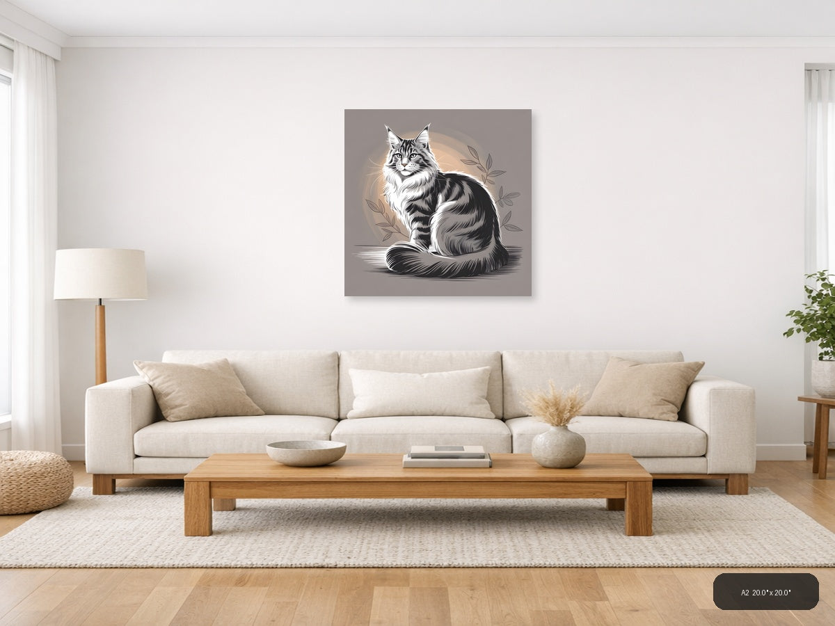 Majestic Maine Coon Cat Line Art Wall Art — A2 / Living Room