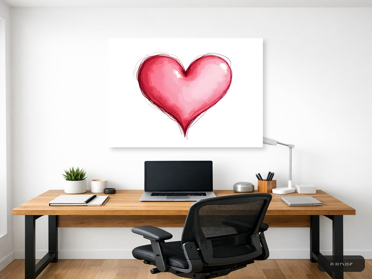 Pink Watercolor Heart Line Art Wall Art — A1 / Office