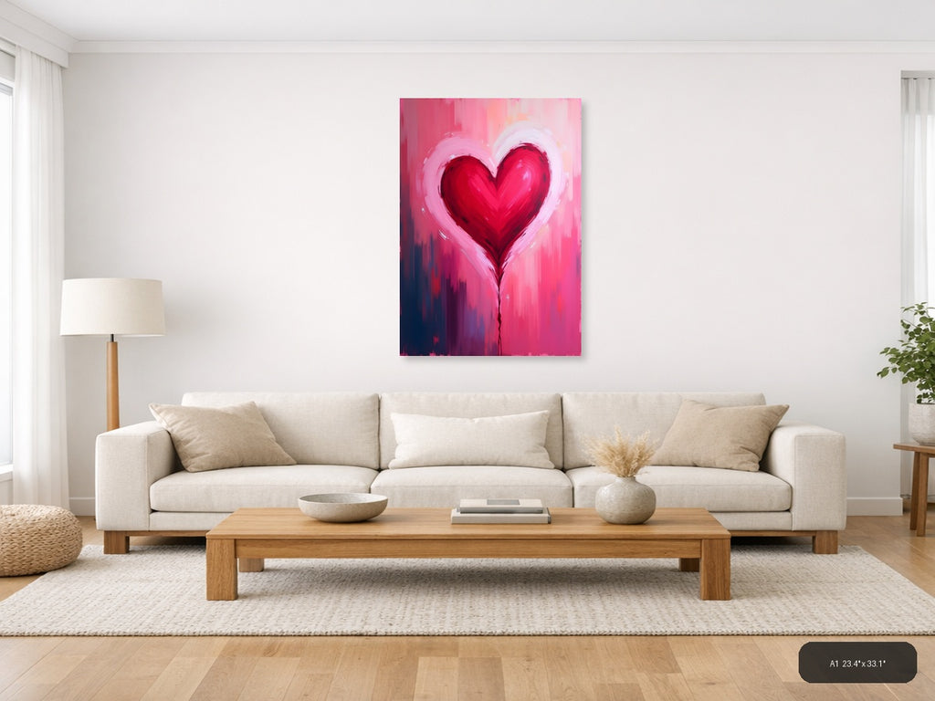 Red Heart Abstract Brushstroke Pink Wall Art — A1 / Living Room