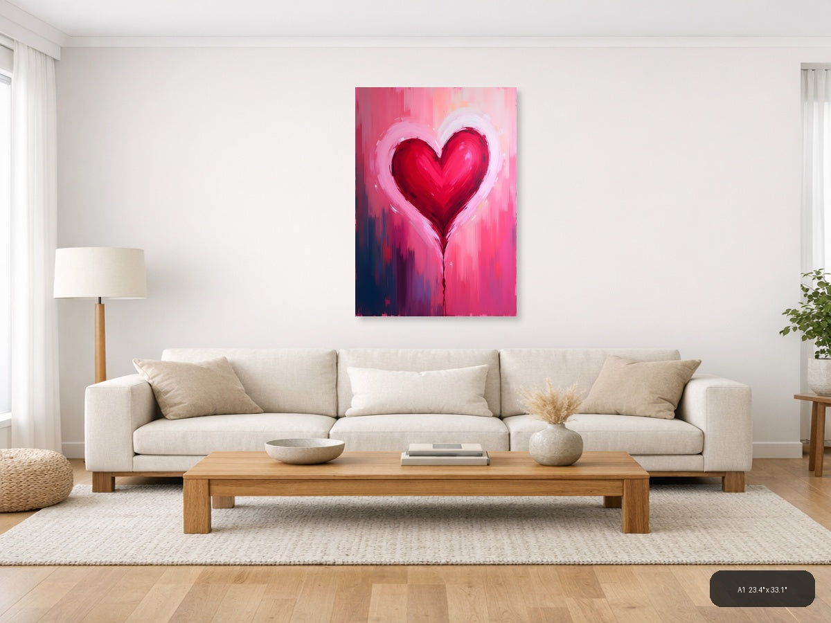 Red Heart Abstract Brushstroke Pink Wall Art — A1 / Living Room