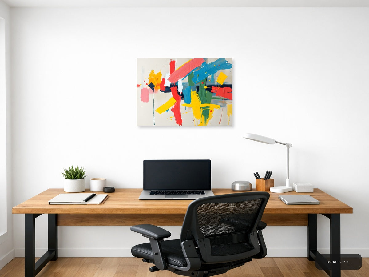 Colorful Abstract Brushstrokes & Geometric Shapes Wall Art — A3 / Office
