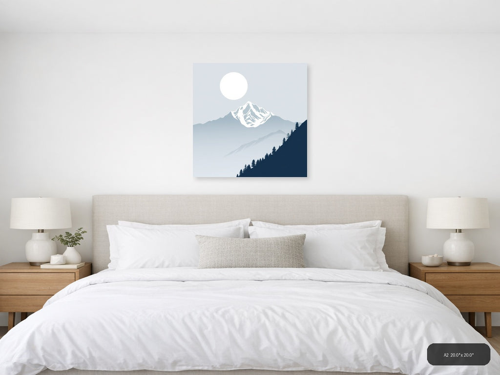Snow-Capped Mountain Moon Night Sky | Minimalist Landscape Wall Art — A2 (Bedroom)