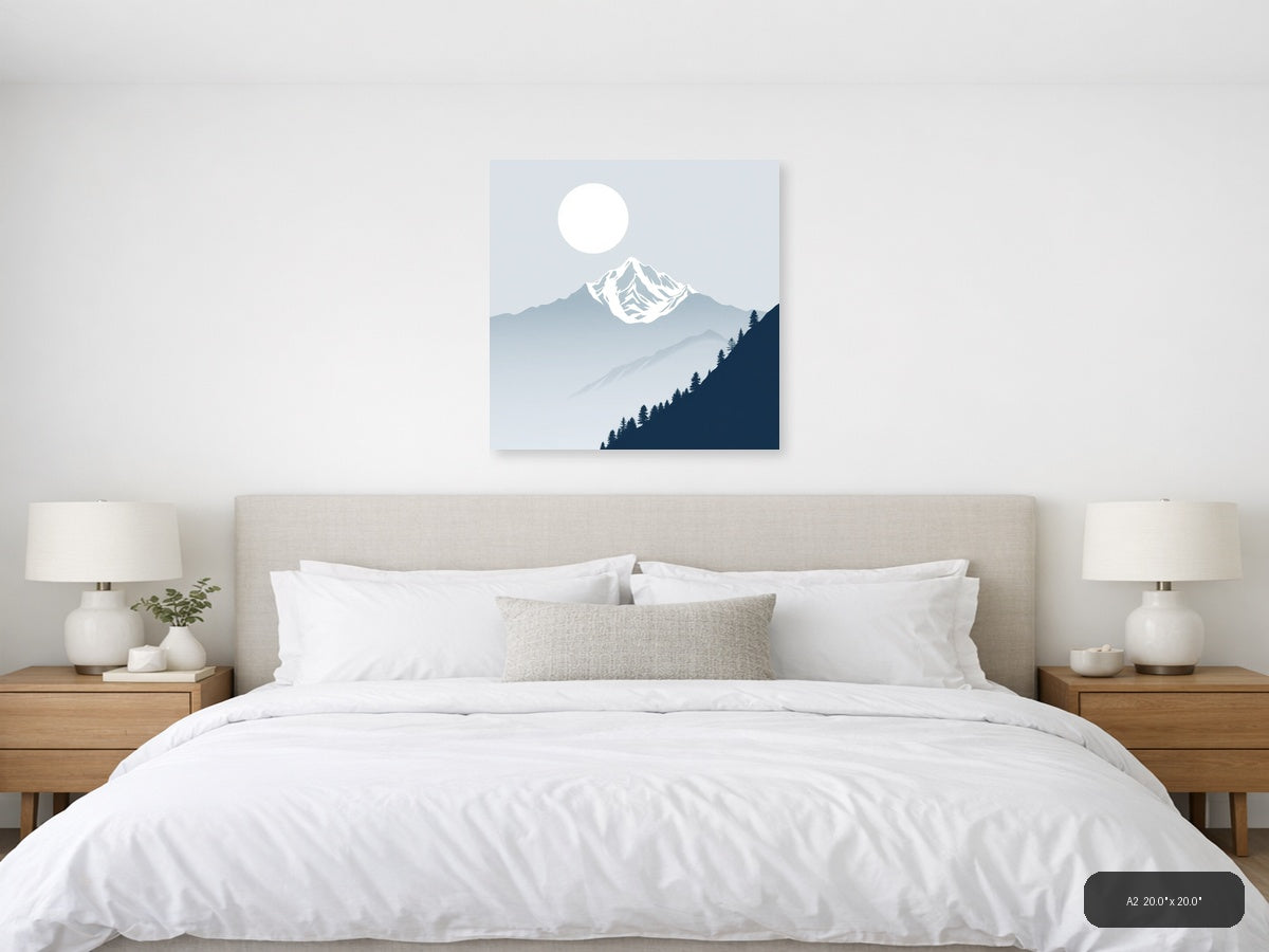 Snow-Capped Mountain Moon Night Sky | Minimalist Landscape Wall Art — A2 (Bedroom)
