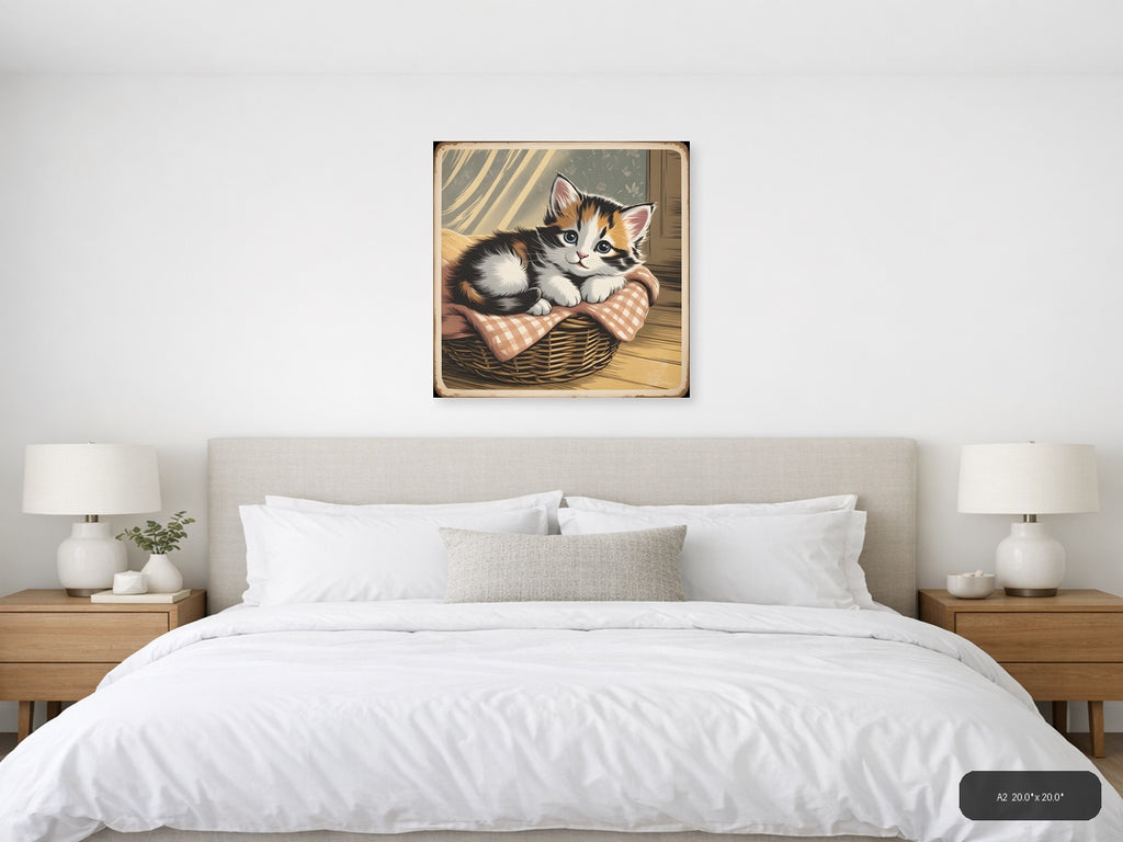 Vintage Calico Kitten in Basket - Square Wall Art — A2 / Bedroom