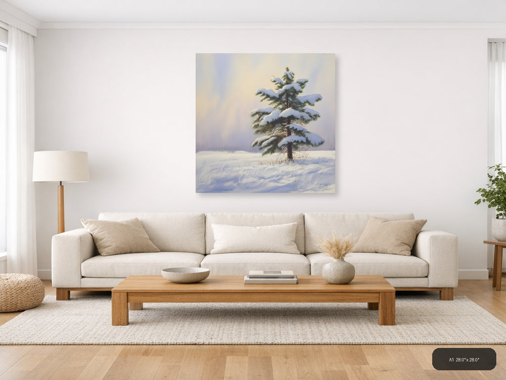 Snow-Laden Pine Tree Winter Landscape Watercolor Wall Art — A1 / Living Room