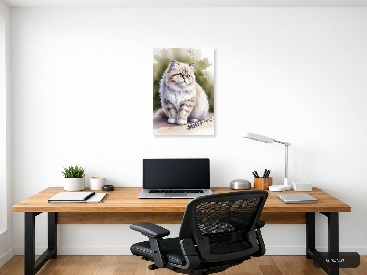 Fluffy White Cat Blue Eyes Watercolor Portrait Wall Art — A2 / Office