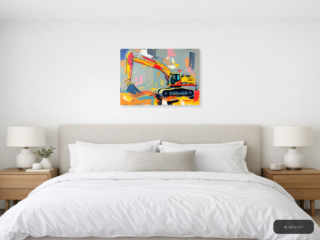 Yellow Excavator Abstract Construction Wall Art — A3 / Bedroom