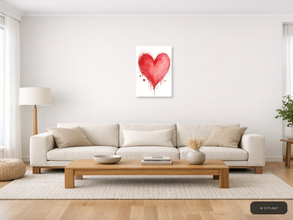 Red Watercolor Heart with Dripping Paint Wall Art — A3 / Living Room
