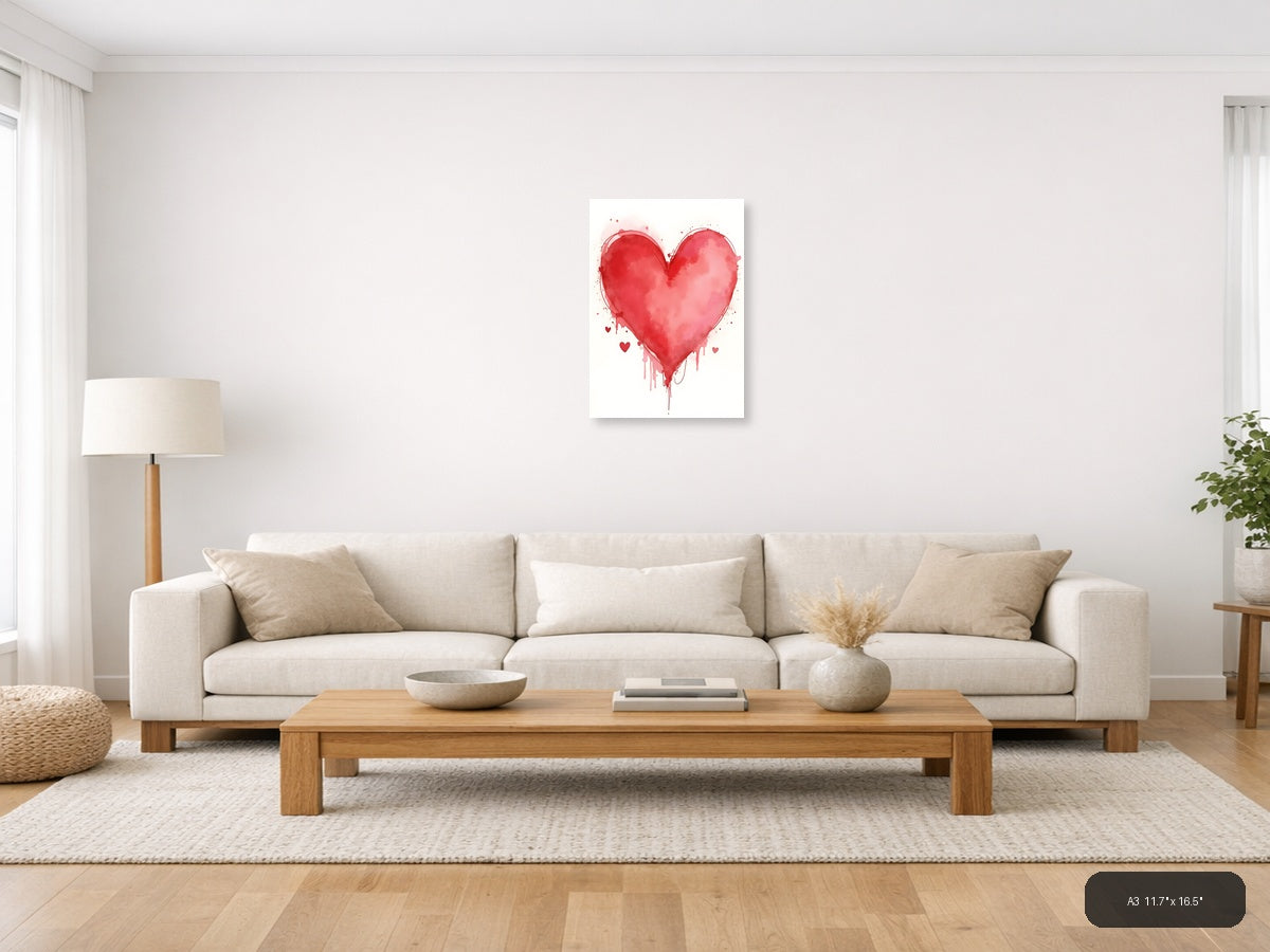 Red Watercolor Heart with Dripping Paint Wall Art — A3 / Living Room