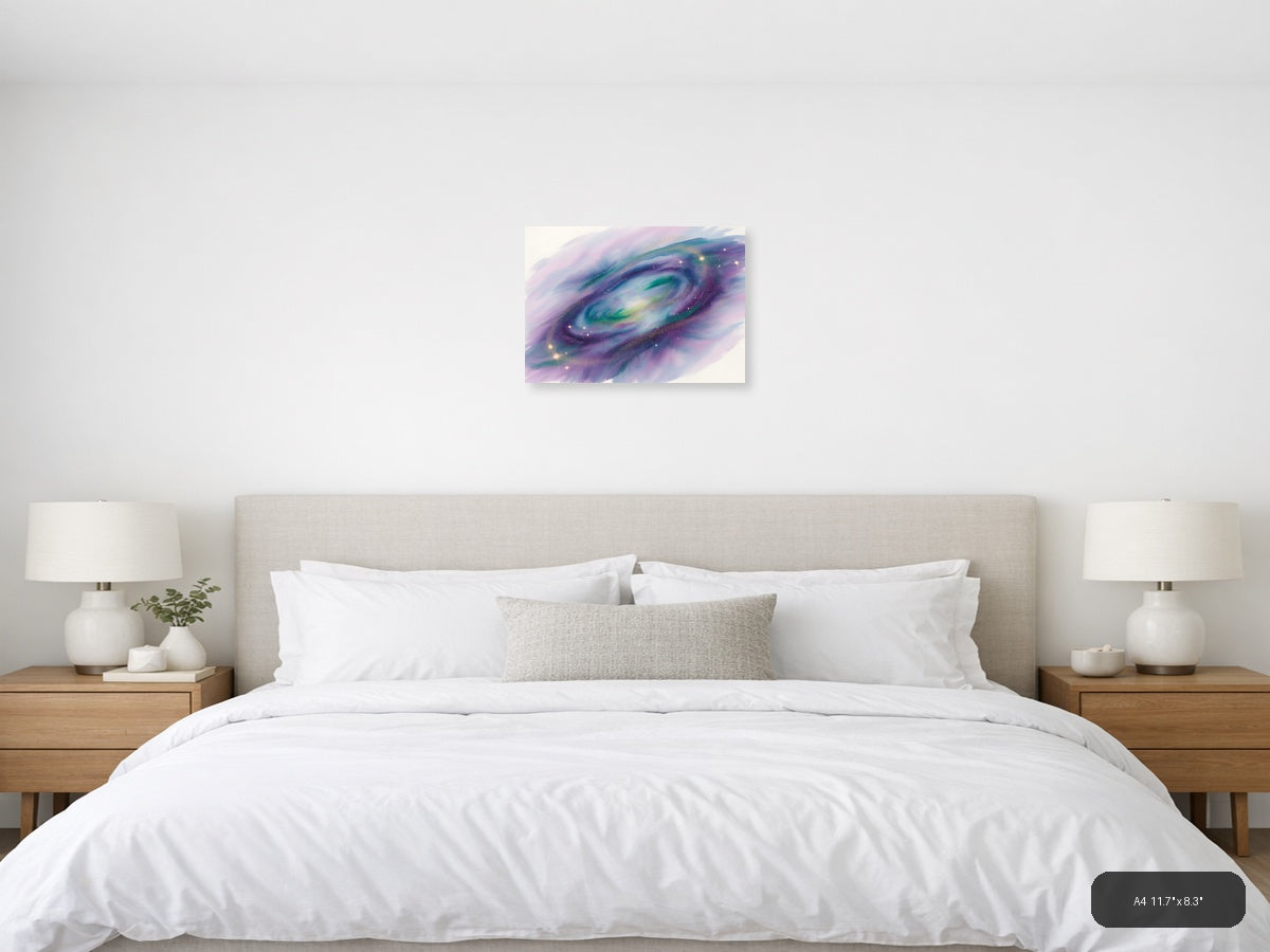 Cosmic Galaxy Watercolor Swirl Purple Green Wall Art — A4 / Bedroom