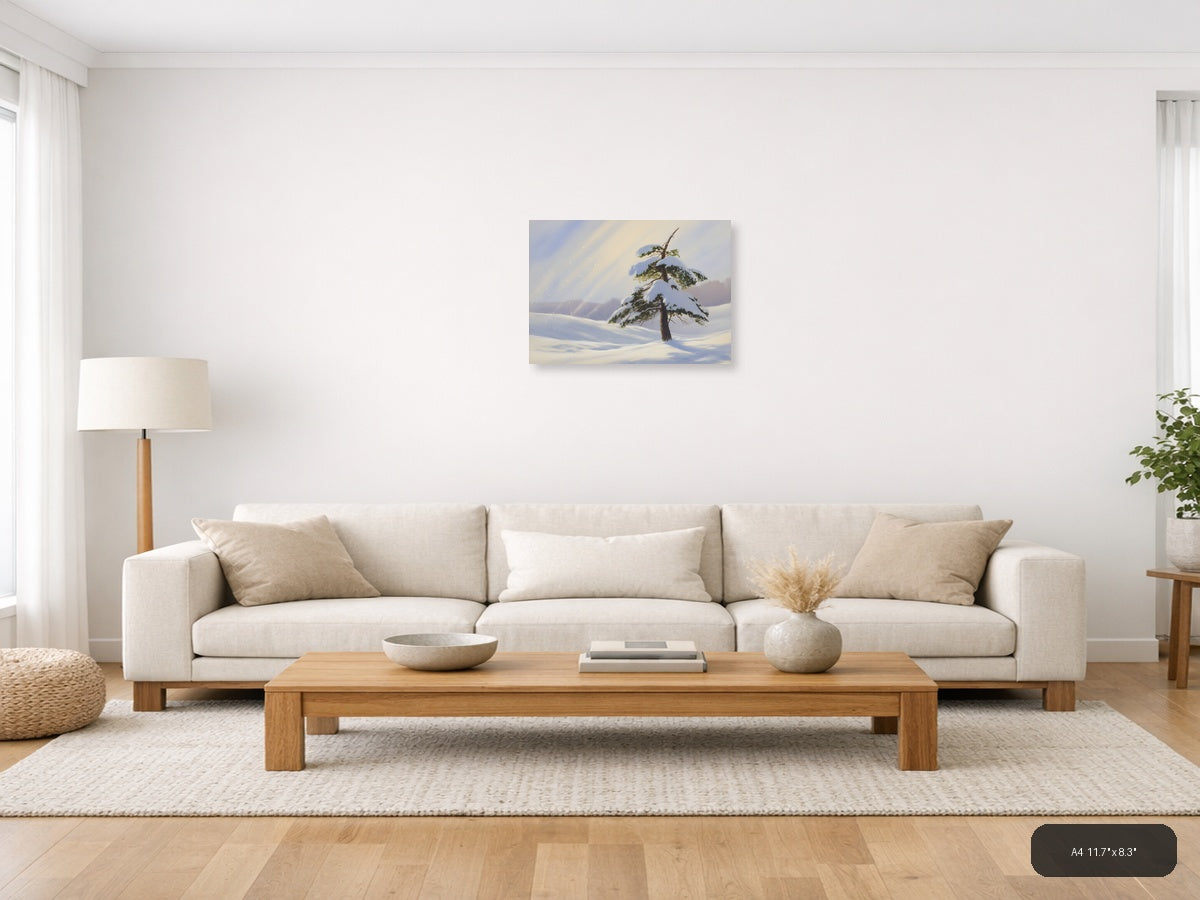 Snowy Pine Tree Winter Landscape Watercolor Wall Art — A4 / Living Room