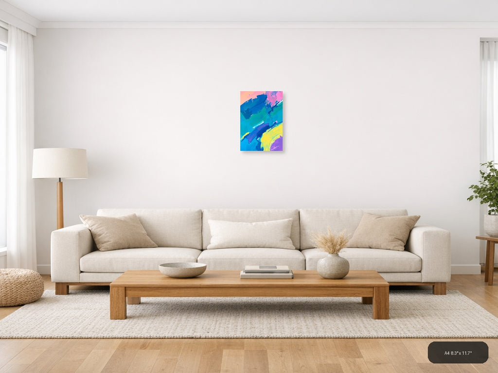 Vibrant Abstract Brushstrokes Neon Blue Pink Yellow Wall Art — A4 / Living Room