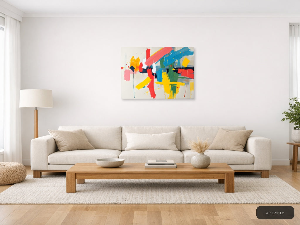 Colorful Abstract Brushstrokes & Geometric Shapes Wall Art — A3 / Living Room