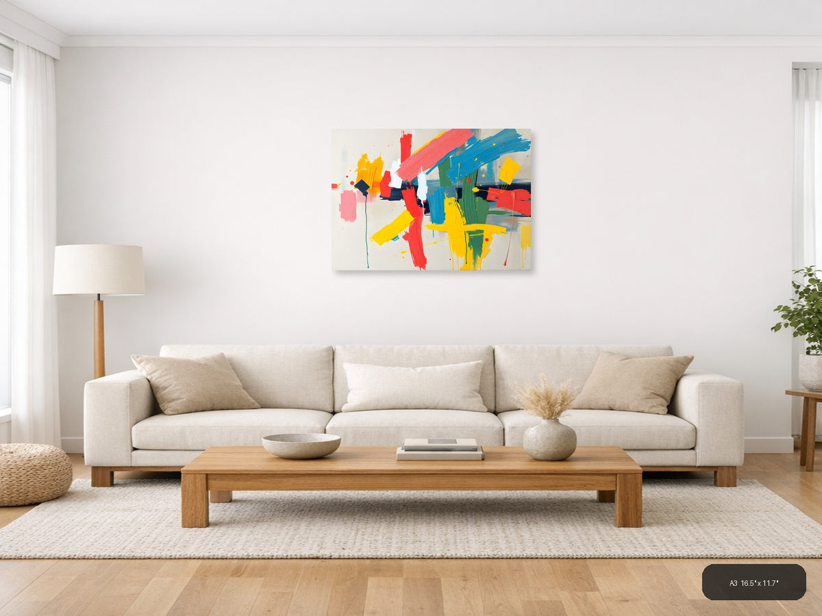 Colorful Abstract Brushstrokes & Geometric Shapes Wall Art — A3 / Living Room
