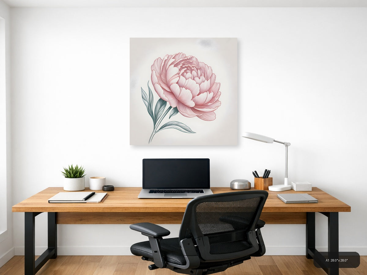 Pink Peony Line Art Botanical Drawing Wall Art — A1 / Office