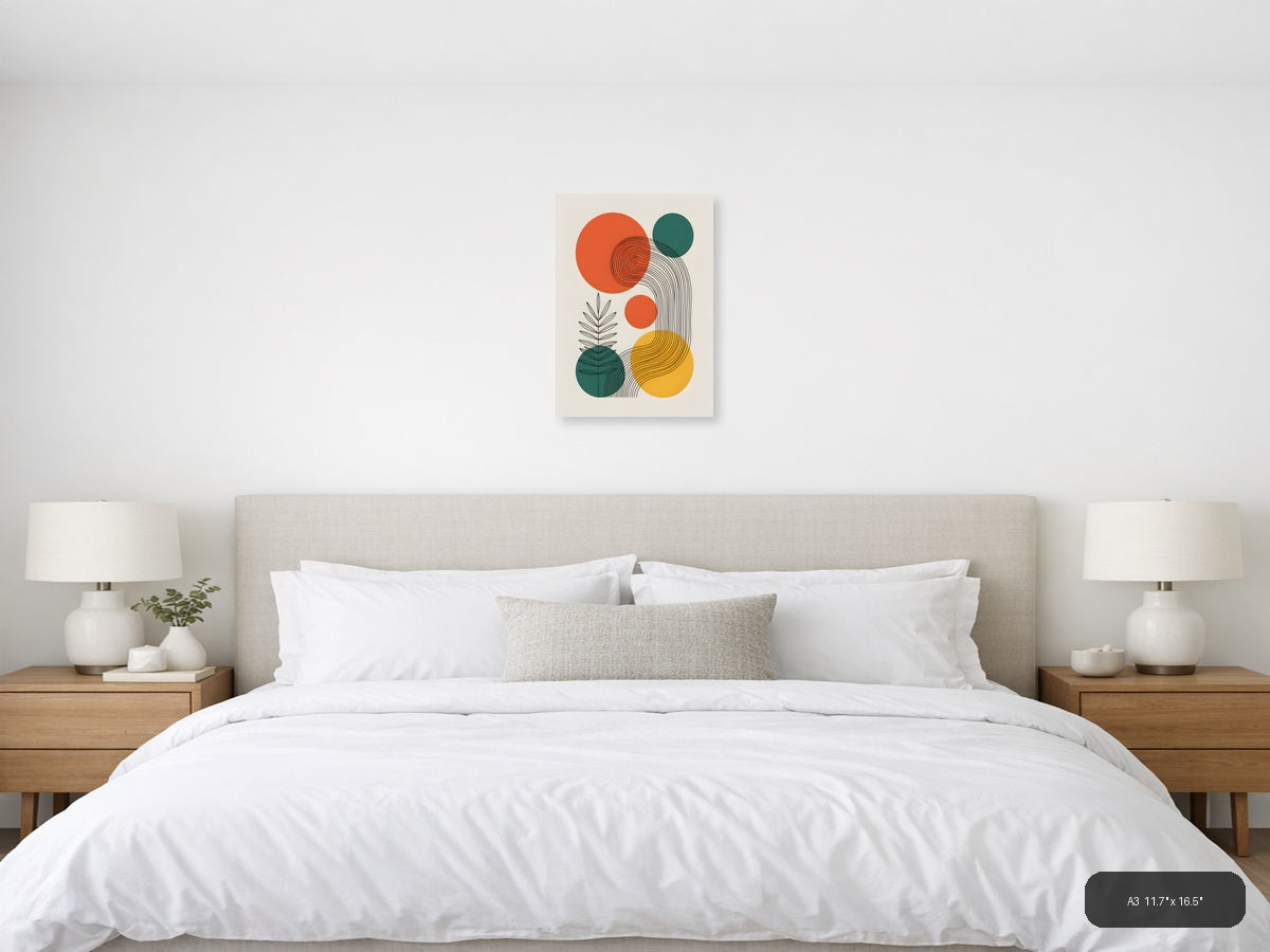 Abstract Line Art with Geometric Circles and Plants Wall Art — A3 / Bedroom