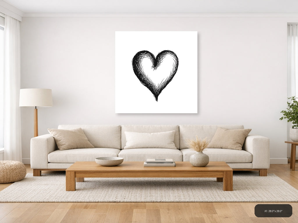Hand-Drawn Heart Line Art Black & White Wall Art — A1 / Living Room
