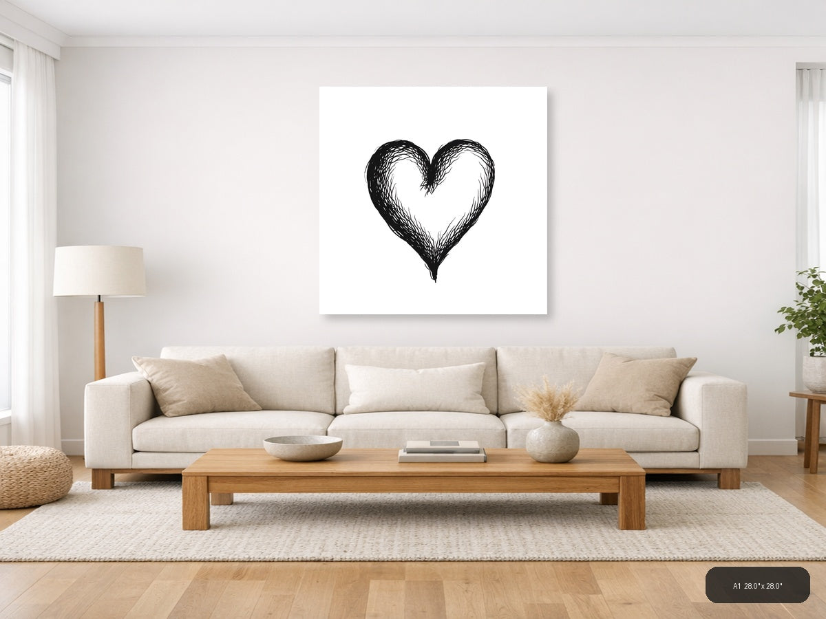 Hand-Drawn Heart Line Art Black & White Wall Art — A1 / Living Room