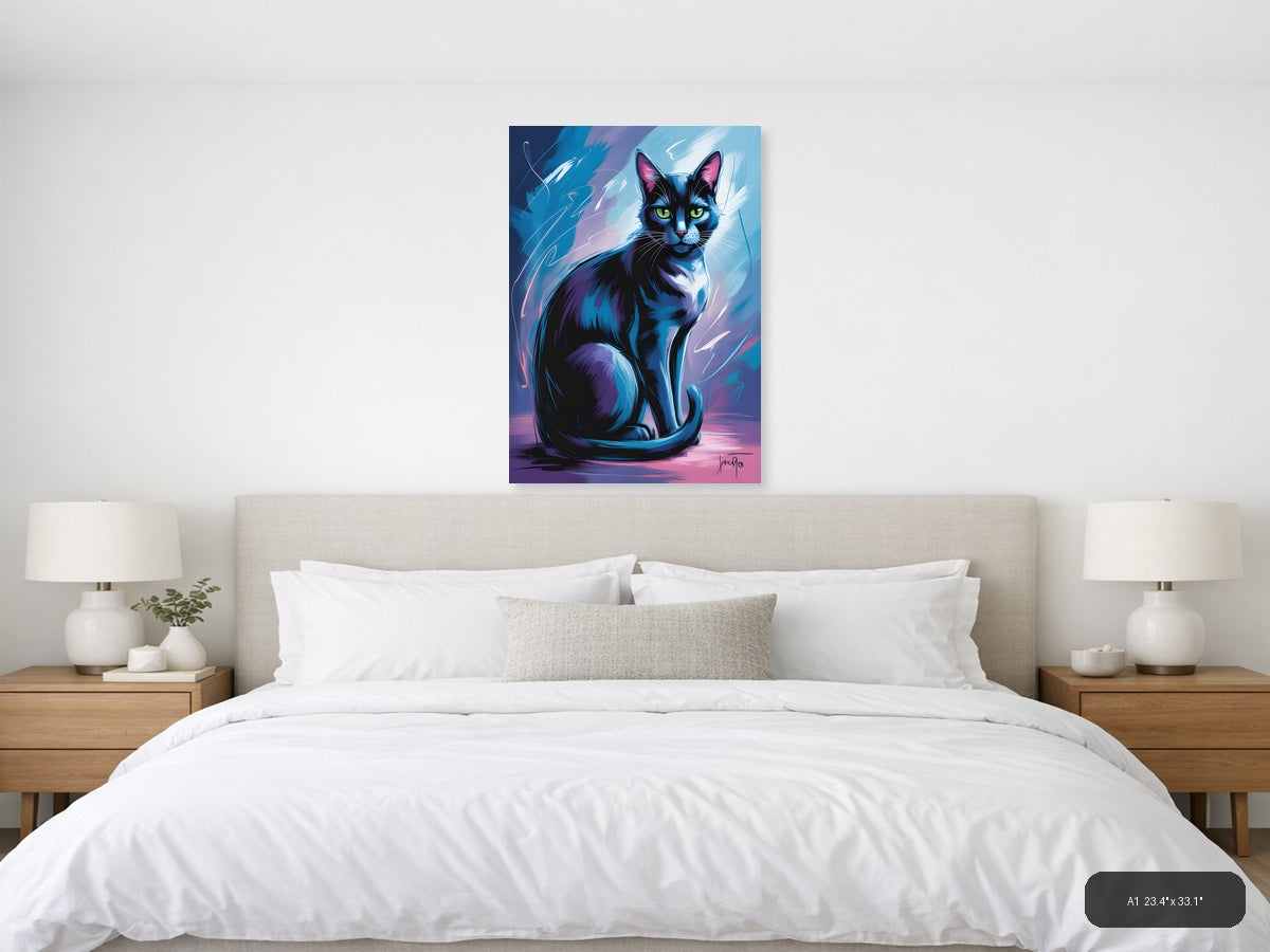 Abstract Blue Cat with Neon Eyes Portrait Wall Art — A1 / Bedroom