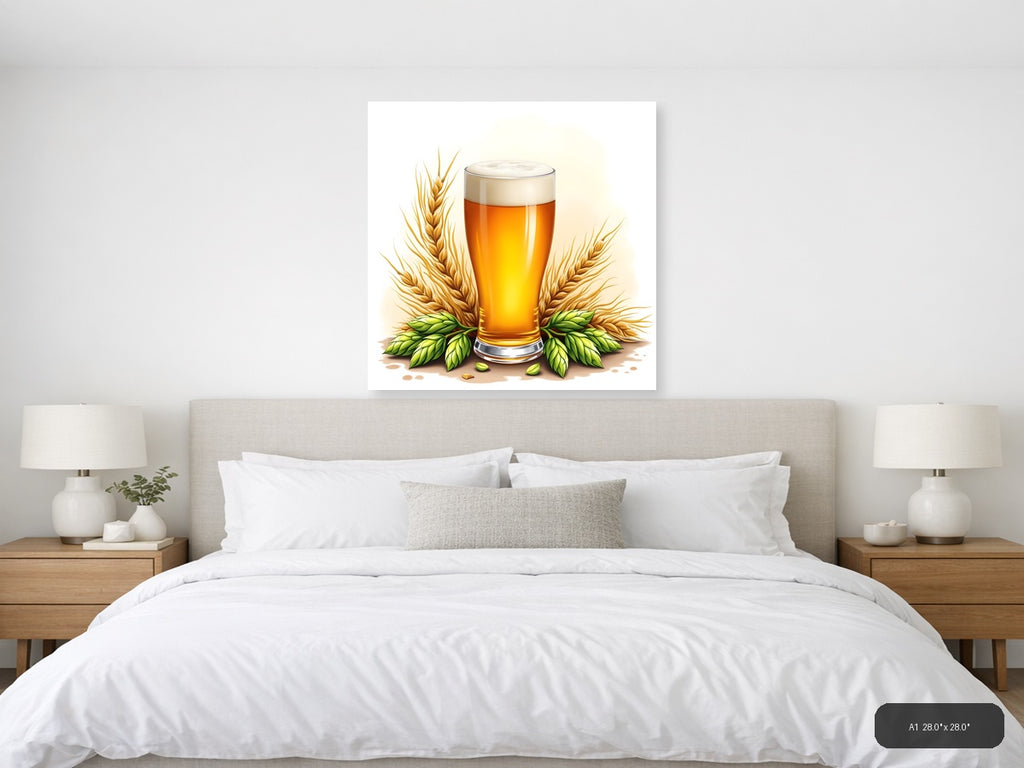 Beer Glass with Wheat and Hops Watercolor Wall Art — A1 / Bedroom