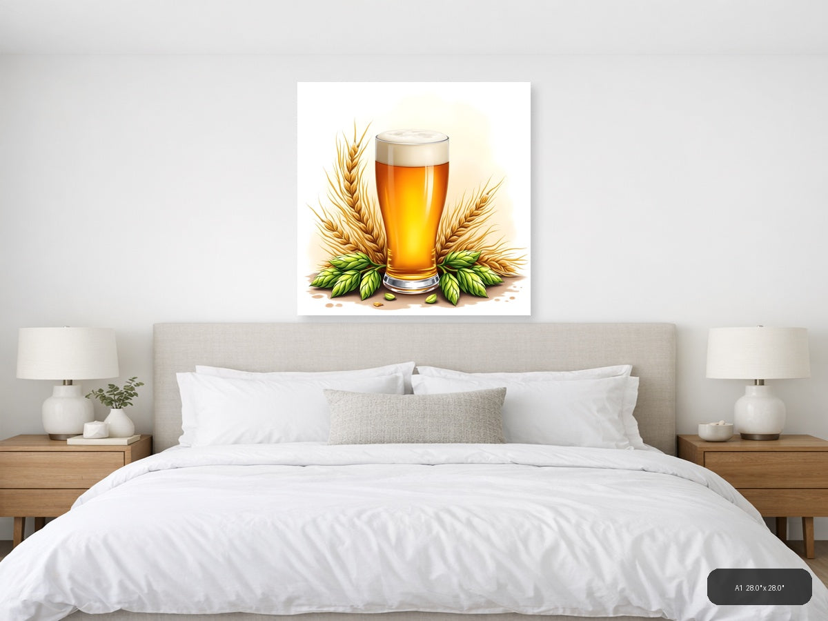 Beer Glass with Wheat and Hops Watercolor Wall Art — A1 / Bedroom