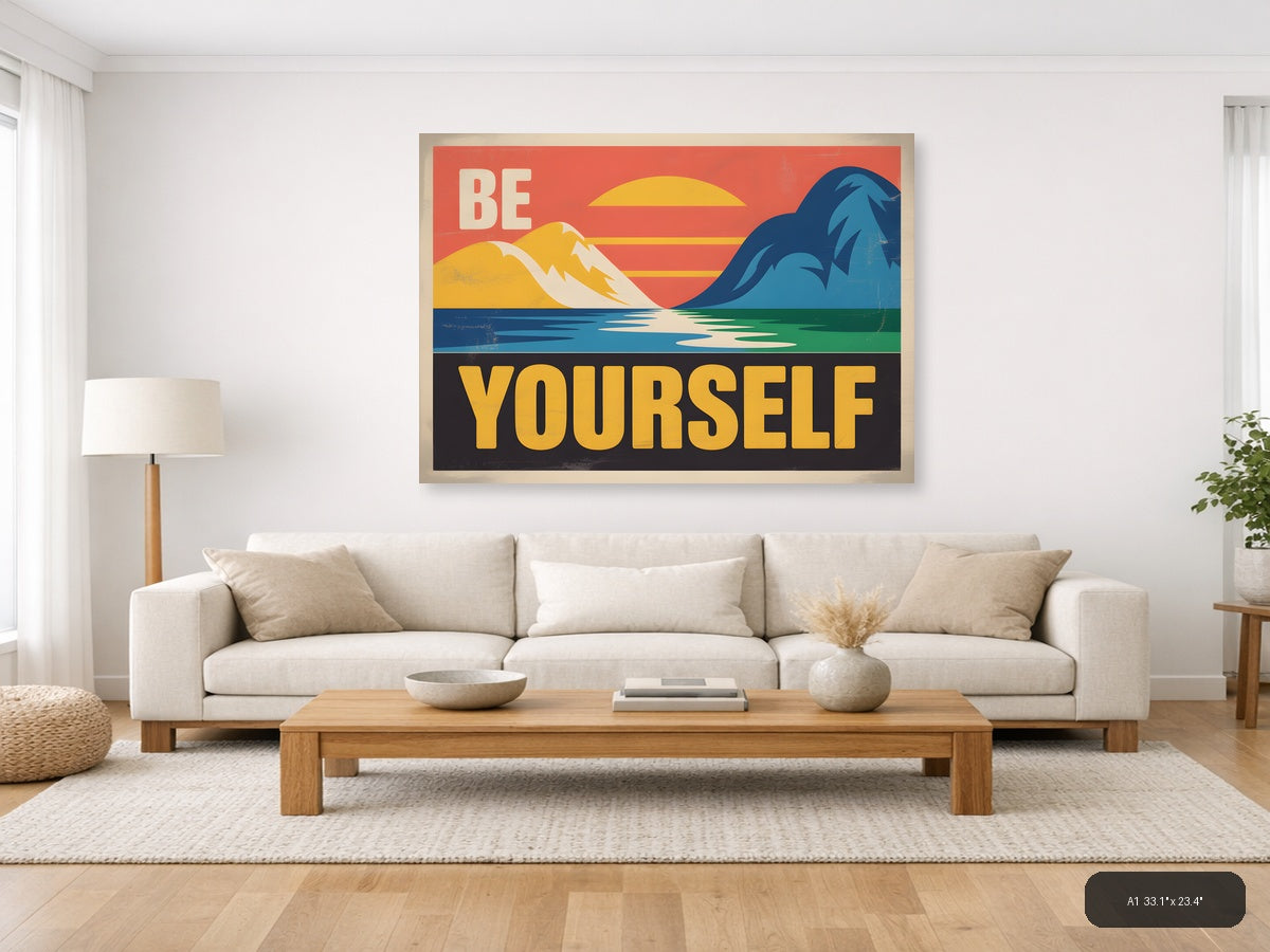 Be Yourself Vintage Retro Mountain Landscape Wall Art — A1 / Living Room