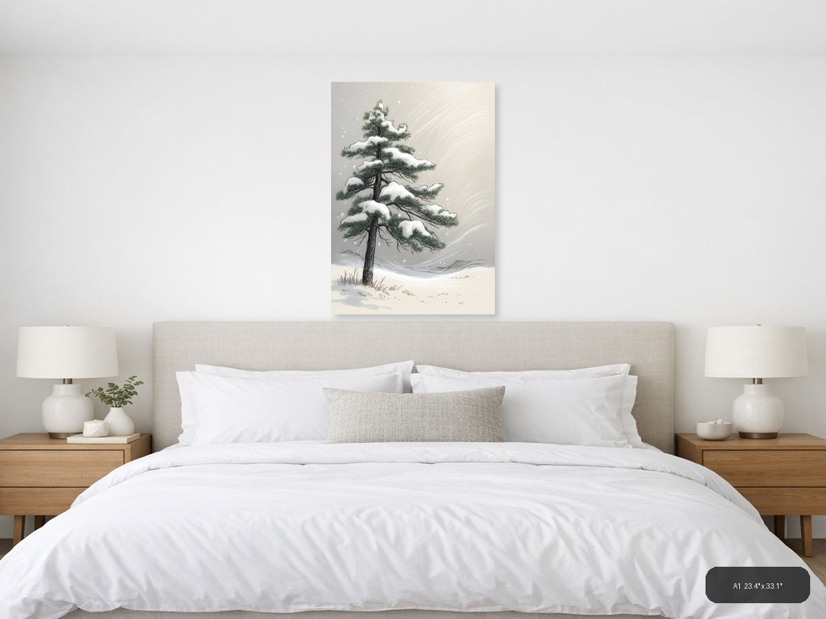 Snow-Covered Pine Tree Line Art Winter Wall Art — A1 / Bedroom