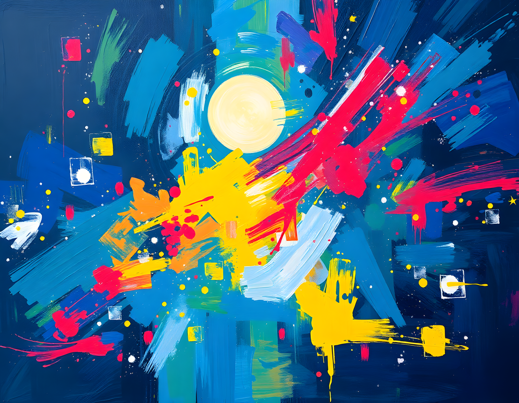 Abstract Cosmic Explosion with Moon & Burst Colors Wall Art
