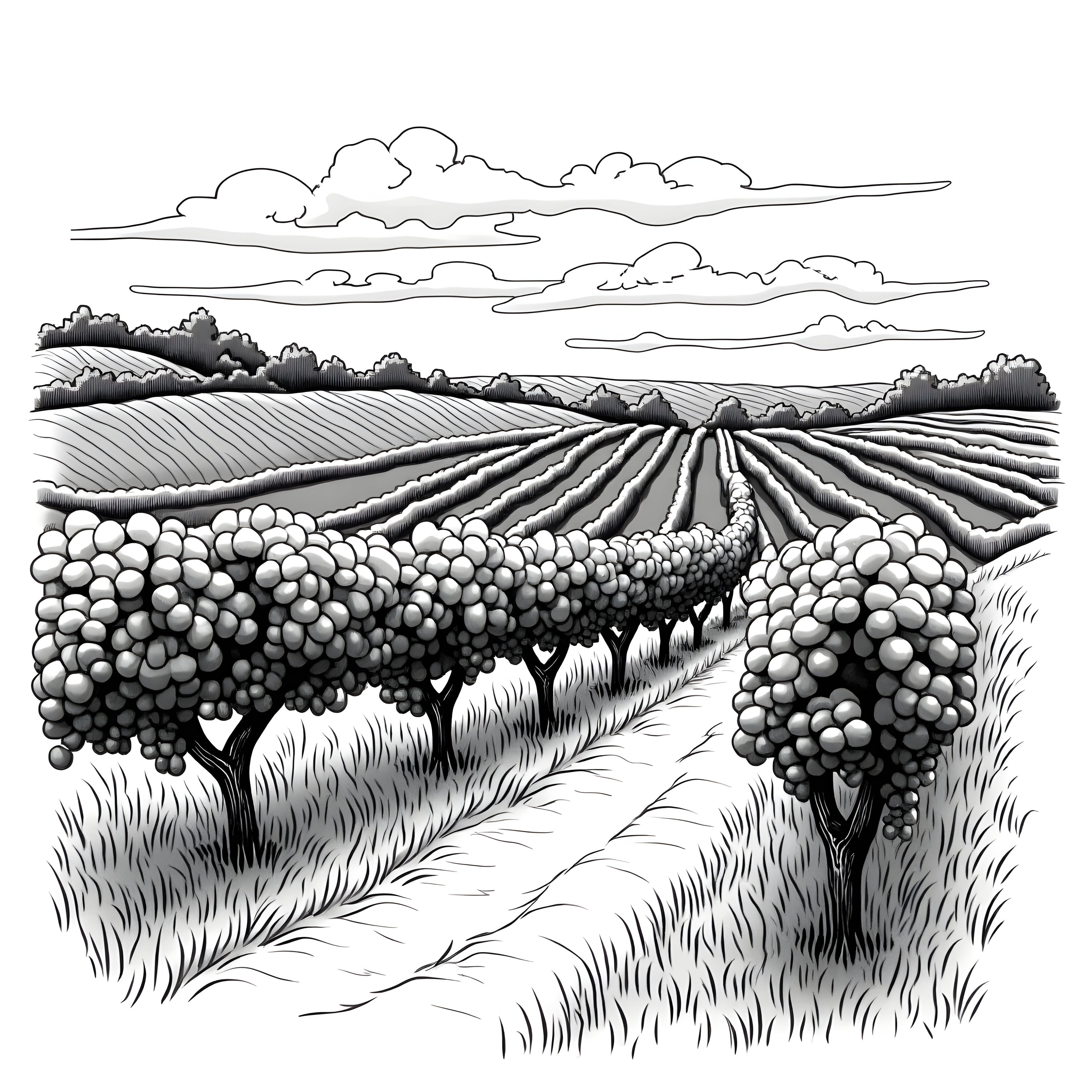 Vineyard Harvest Line Art - Agricultural Farm Wall Art