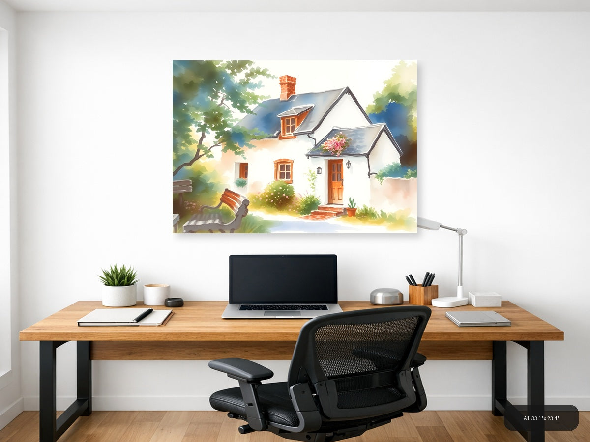 Charming Cottage Watercolor Landscape Wall Art — A1 / Office