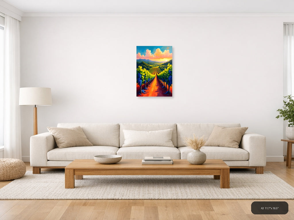Vibrant Vineyard Sunset Abstract Landscape Wall Art — A3 / Living Room