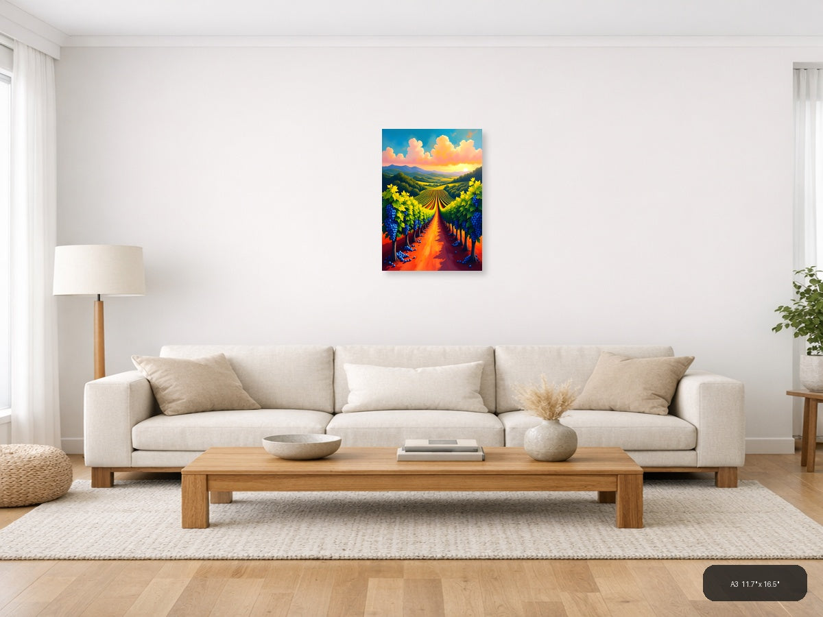 Vibrant Vineyard Sunset Abstract Landscape Wall Art — A3 / Living Room