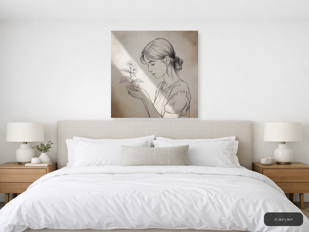 Woman with Flower Line Art Drawing Wall Art — A1 / Bedroom