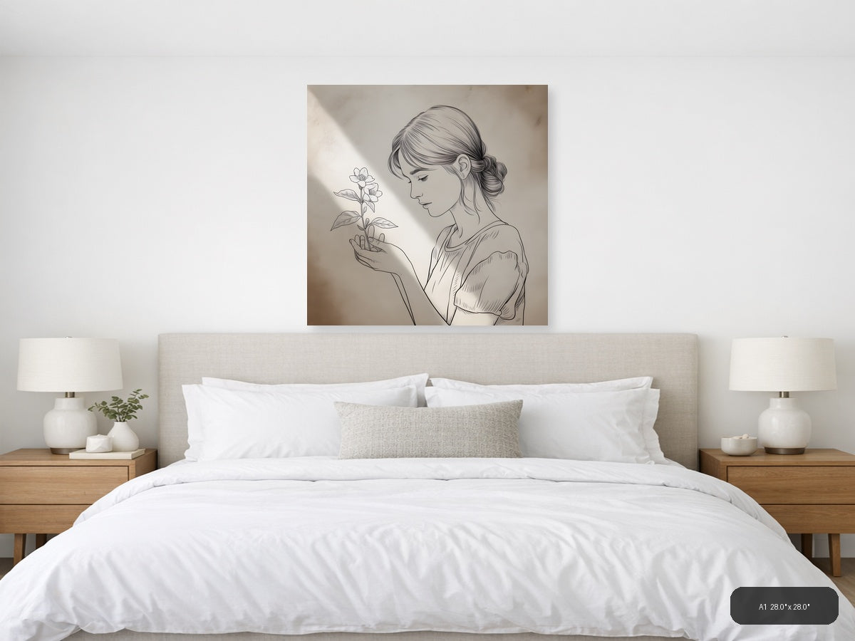 Woman with Flower Line Art Drawing Wall Art — A1 / Bedroom