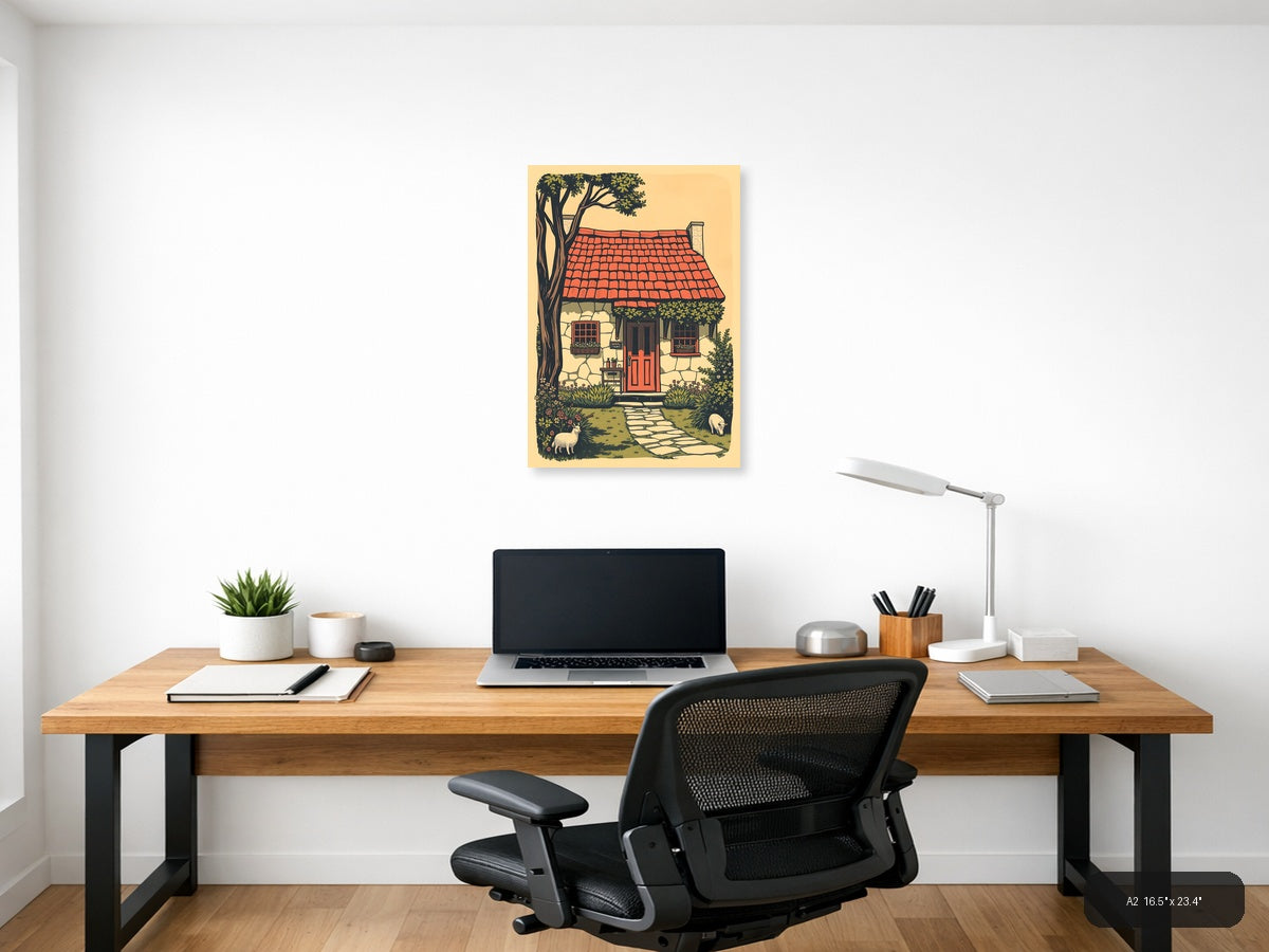 Vintage Cottage with Red Roof and Tree Wall Art — A2 / Office