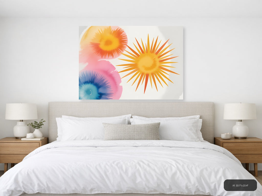 Watercolor Sunburst Flowers Abstract Wall Art — A1 / Bedroom