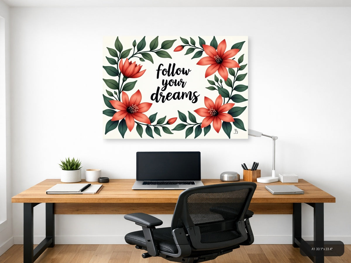 Follow Your Dreams Floral Botanical Red Flowers Wall Art — A1 / Office