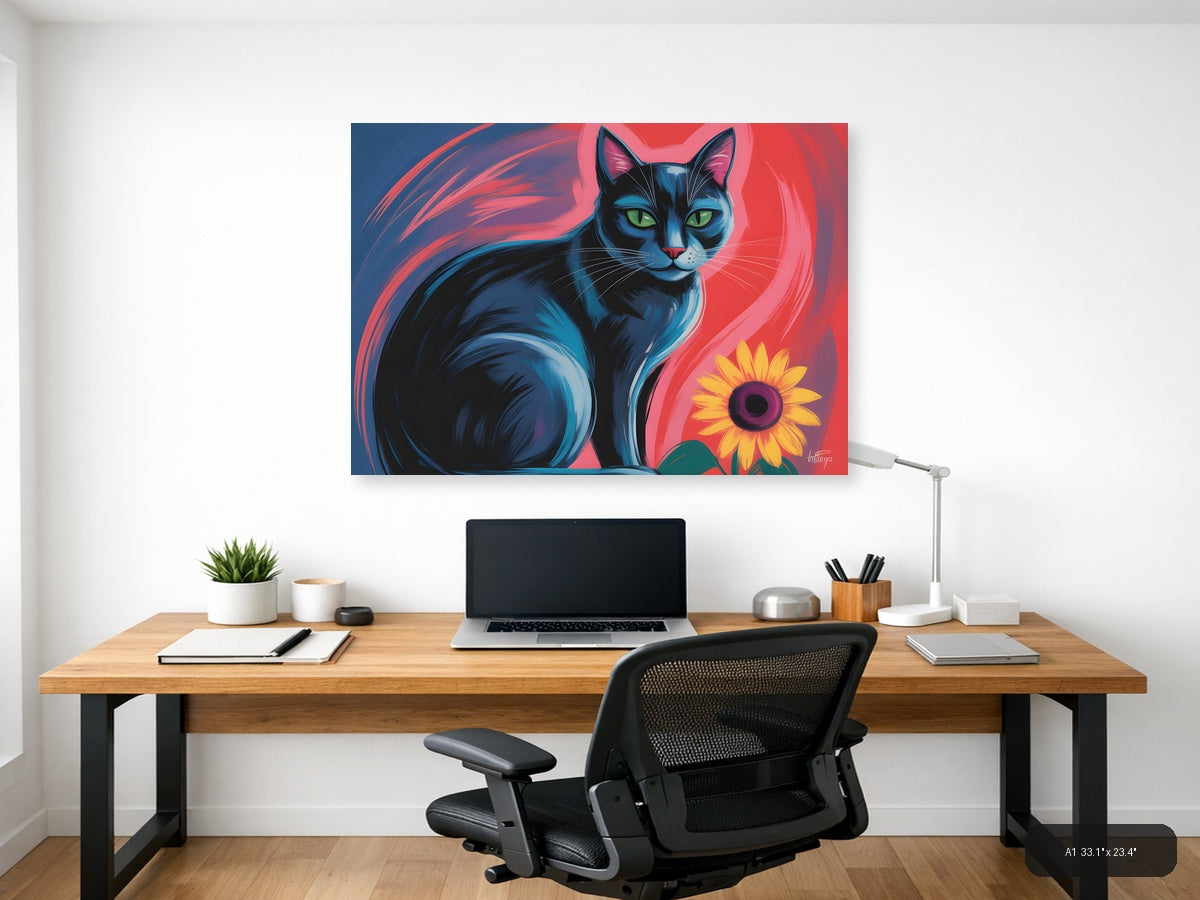 Blue Cat with Sunflower Abstract Pop Art Wall Art — A1 / Office