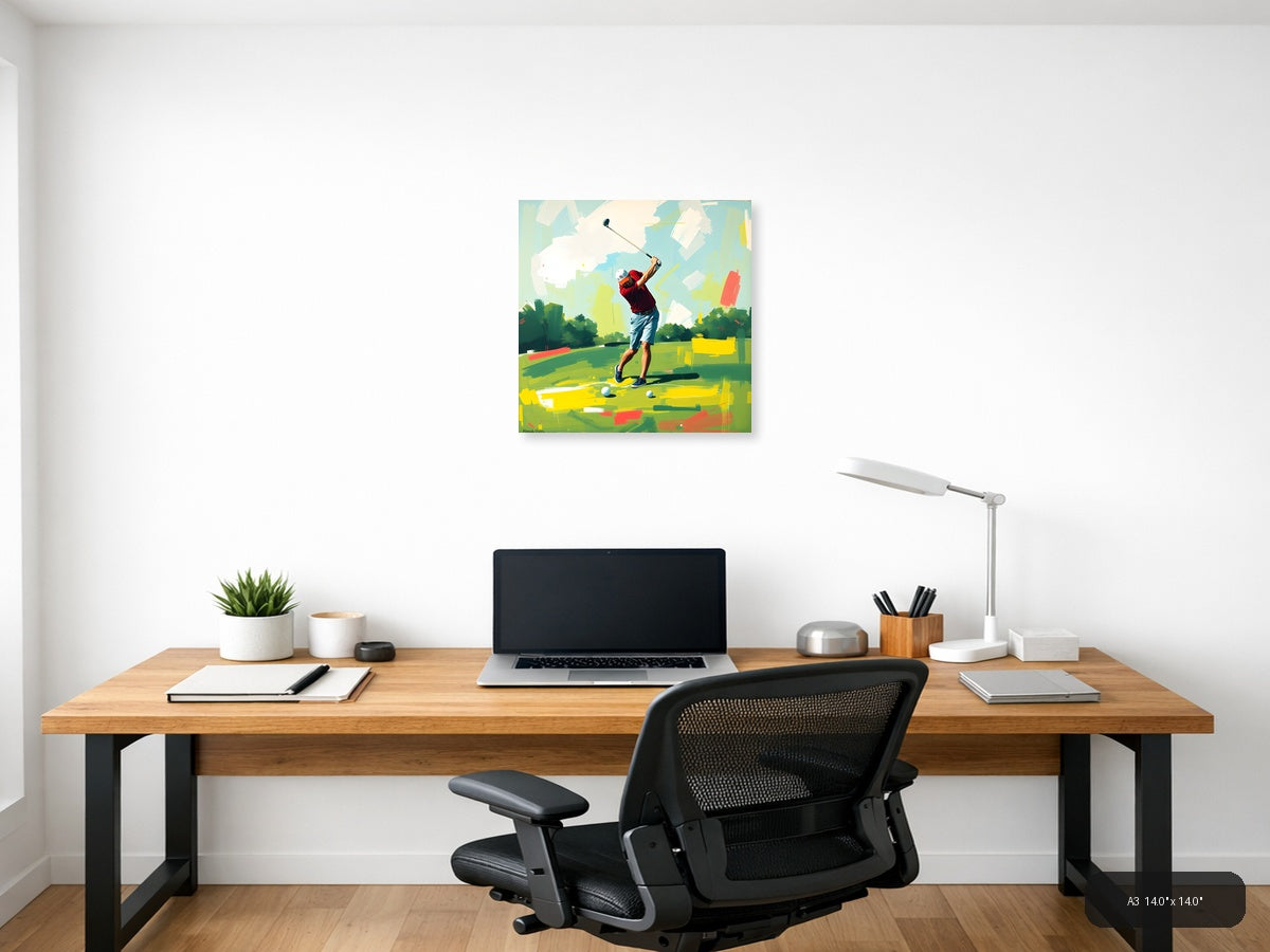 Golfer Mid-Swing Abstract Green & Yellow Wall Art — A3 / Office