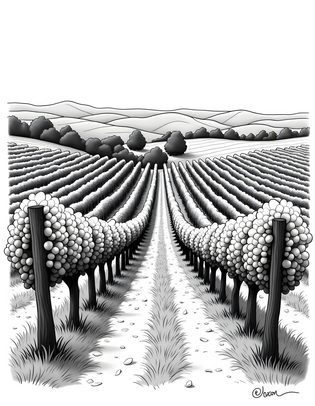 Vineyard Landscape Line Art - Monochrome Wine Country Wall Art