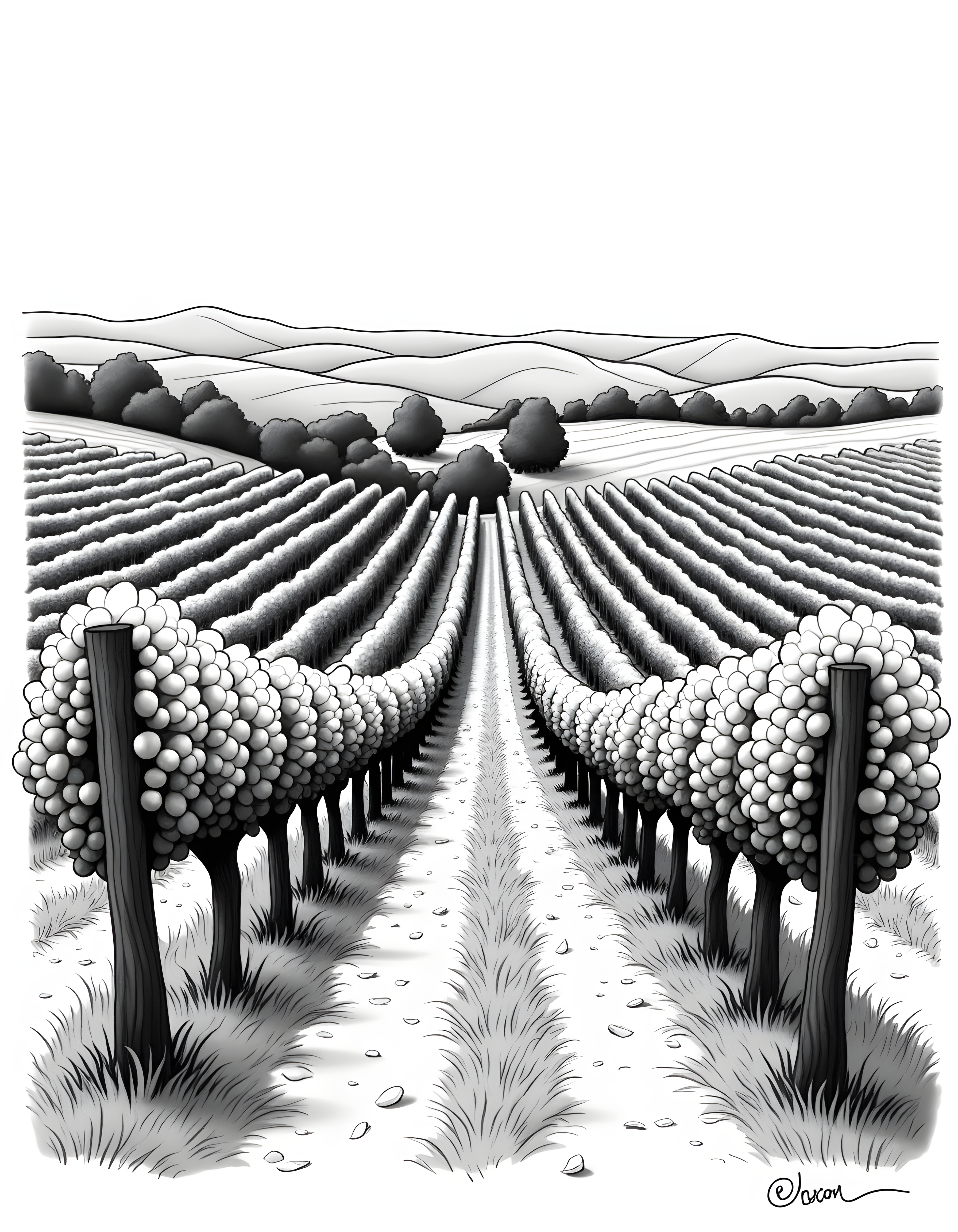 Vineyard Landscape Line Art - Monochrome Wine Country Wall Art