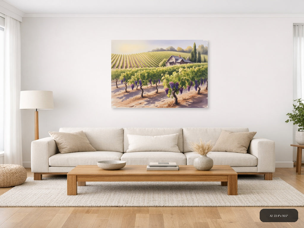 Tuscan Vineyard Landscape Watercolor Wall Art — A2 / Living Room