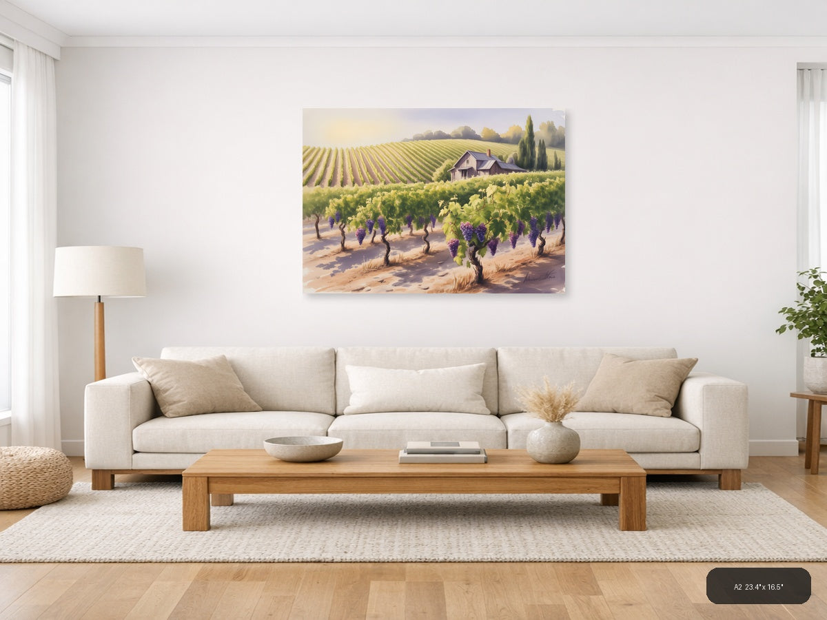 Tuscan Vineyard Landscape Watercolor Wall Art — A2 / Living Room
