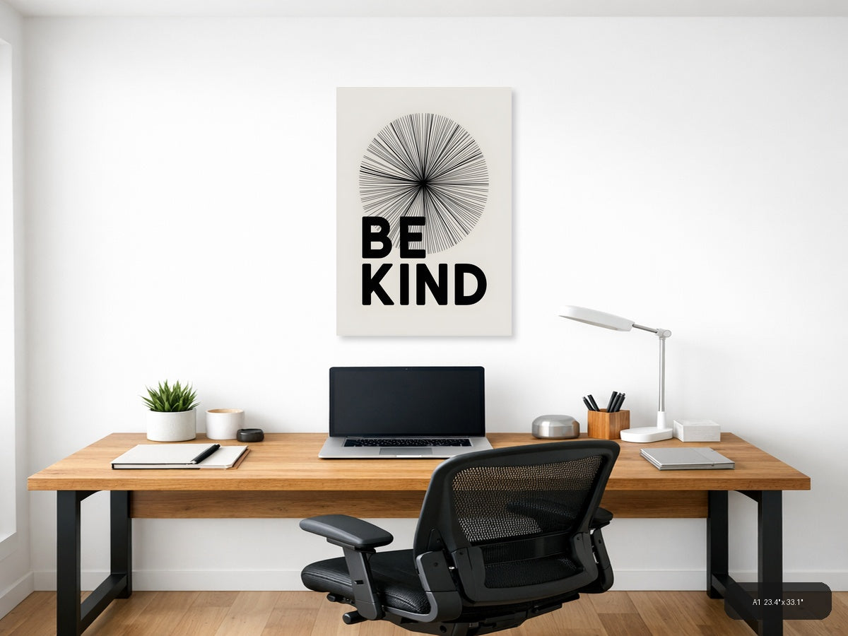 Be Kind Line Art Circle Radiant Black White Wall Art — A1 / Office
