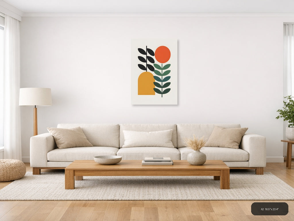 Minimalist Abstract Plant with Sun Circles Wall Art — A2 / Living Room