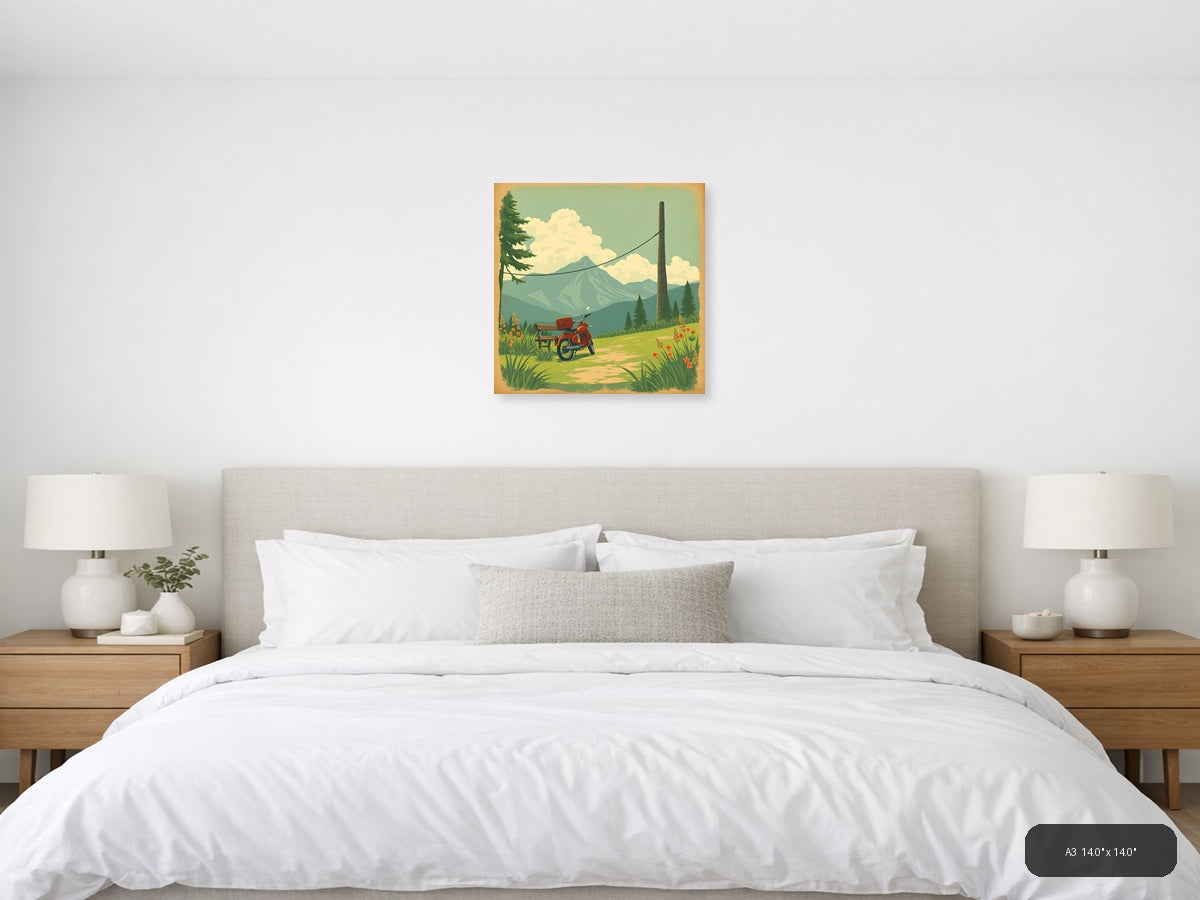 Vintage Red Scooter Mountain Landscape Wall Art — A3 / Bedroom