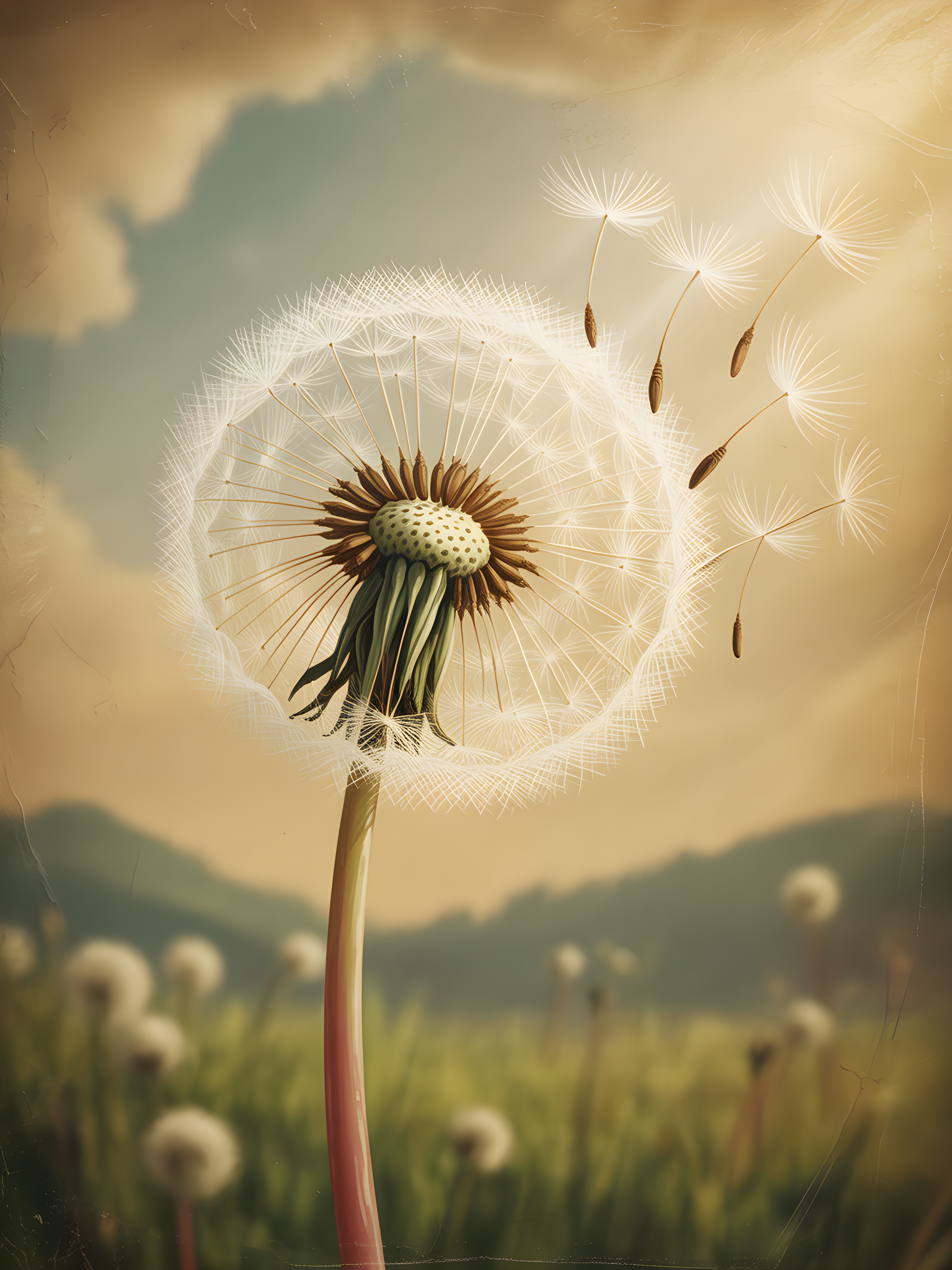 Vintage Dandelion Seeds Blowing Away Portrait Wall Art