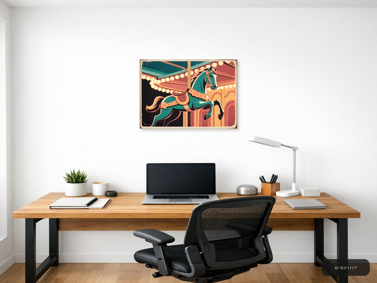 Vintage Carousel Horse Teal & Gold Wall Art — A3 / Office