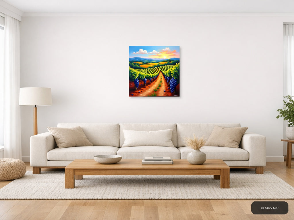 Vibrant Vineyard Sunset - Abstract Landscape Wall Art — A3 / Living Room